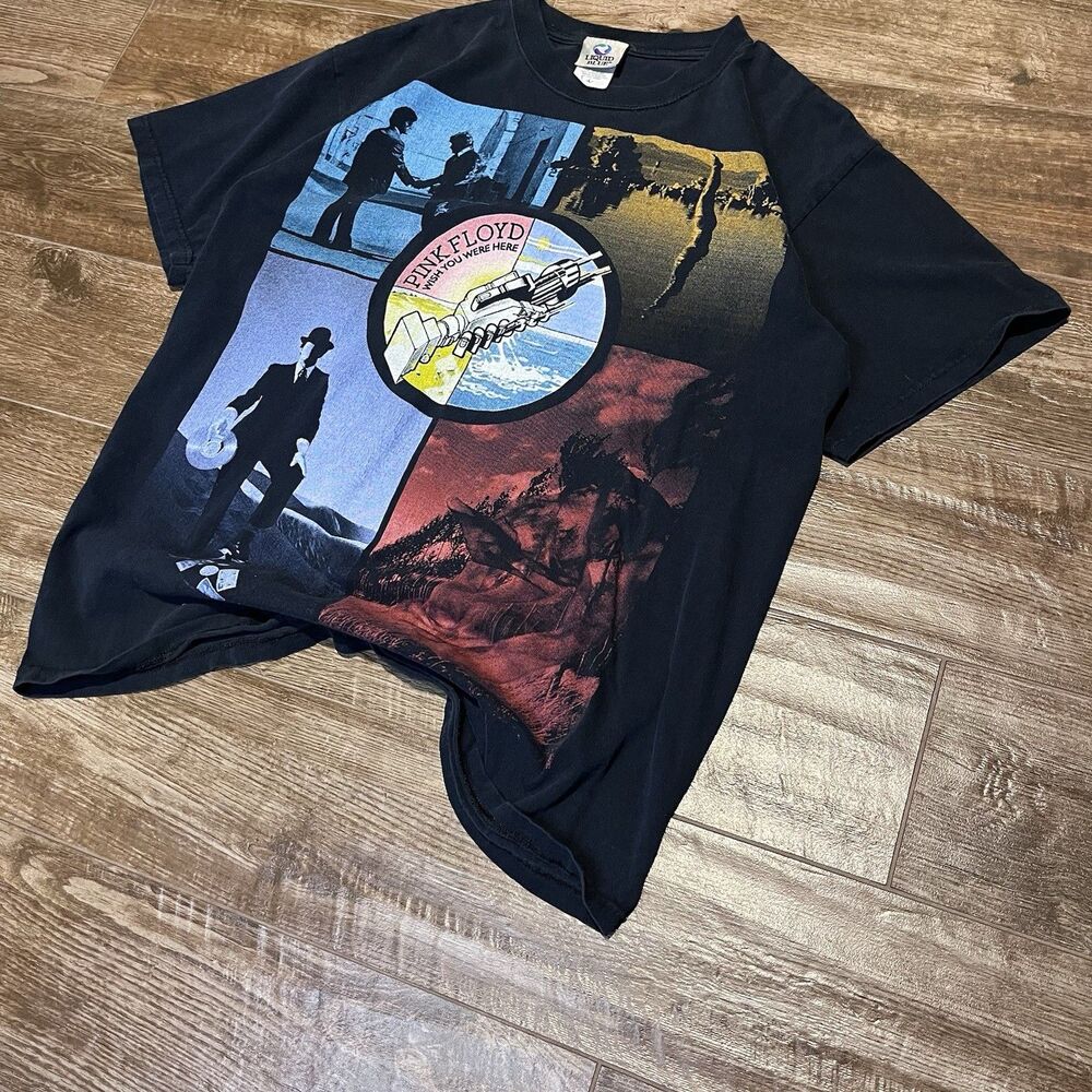 Vintage Liquid Blue Pink Floyd Shirt Mens L Black Wish You Were Here Graphic Y2K